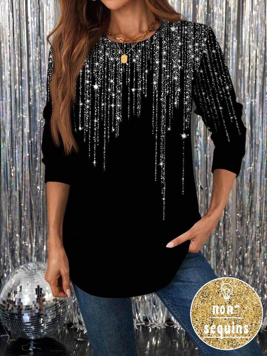 SHEIN LUNE Áo nỉ dài tay cổ tròn dáng rộng, lấp lánh và sequin tối giản, thoải mái dành cho nữ, thích hợp cho mùa thu đông, đêm giao thừa - Nhiều màu - Xem 1