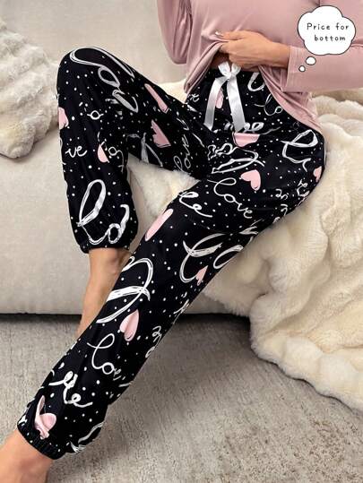 Milk Silk Alphabet & Heart Printed Bowknot Decorated Pajama Sleepwear Pants Bow Tie, Fall