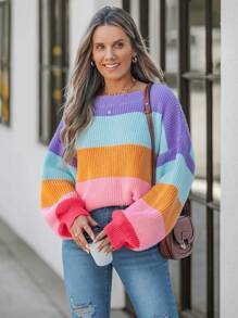 SHEIN LUNE 女士彩虹条纹蓬松圆领落肩长袖休闲毛衣 - 彩色 - 查看 3