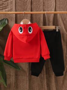 2 件套幼儿男童农历新年 2025 年蛇卡通印花长袖连帽衫运动衫和黑色条纹松紧腰裤套装，适合新年派对、户外运动、休闲装、春秋季 - 紅色 - 查看 2