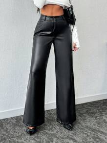 EURMUSE STRAIGHT LOOSE FIT PU PANTS WITH THERMAL LINING - Black - View 1