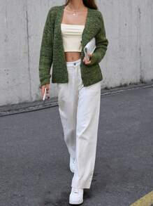 RueChic Casual V Neck Melange Yarn Cardigan With Button