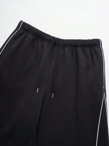 Men's Casual Loose Fit Straight Leg Sweatpants With Contrast Color Embroidered Panels, Thermal Lined, Suitable For Autumn/Winter