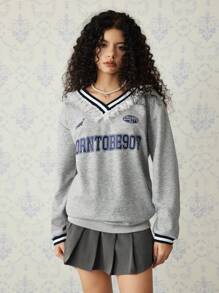 SHEIN MOD Sudadera holgada para mujer con cuello en V de encaje, empalmada con estampado de letras