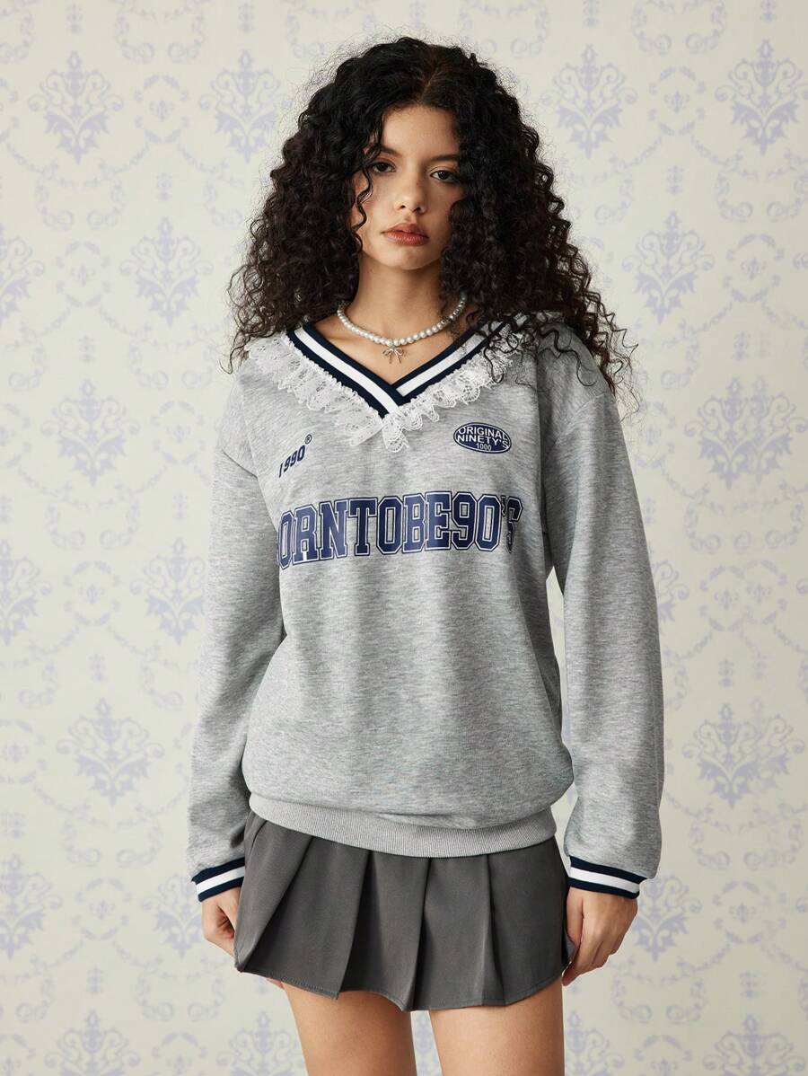 SHEIN MOD Women Loose Lace Trim V-Neck Lace Splice Letter Print Pullover Sweatshirt - Grey - View 1