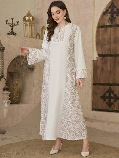 Al Najma 优雅迪拜印花撞色阿拉伯土耳其长袍，穆斯林服装，朴素的卡夫坦