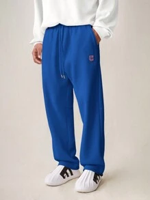 Manfinity VCAY Men's Casual Solid Color Letter Print Drawstring Waist Sweatpants - Blue - View 1