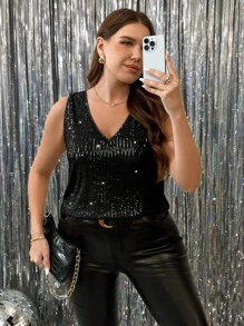 Celure Plus Size Women Shiny Sequin V-Neck Tank Top, Summer