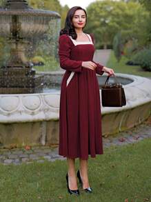 Vintamour Vintage Women's Contrast Color Block Square Neck Long Sleeve Dress, Simple & Minimalist Christmas Valentine's Day Dresses For Women Elegant Valentine's Day Valentines Clothes Business Casual Woman Church Clothes Women Red Dresses Classy Elegant