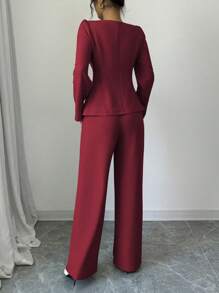 Elenzga Apricot Elegant Long Sleeve Square Collar Waisted Short Jacket + High Waist Long Pants Set, Early Autumn