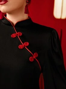 SHEIN Unity Plus Size Solid Color Splice Stand Collar Long Sleeve Short Elegant Dress - Black - View 5