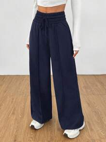 SHEIN PETITE Solid Drawstring Waist Wide Leg Sweatpants - Navy Blue - View 2