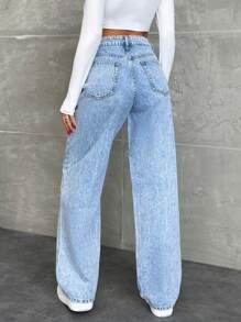 EURMUSE WOMEN STRAIGHT MID WAIST JEANS - Light Wash - View 2