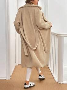 SHEIN Essnce 2024 Women's Plush Overcoat, Warm Thermal Lined, Long Style, Light Khaki Color - Khaki - View 2