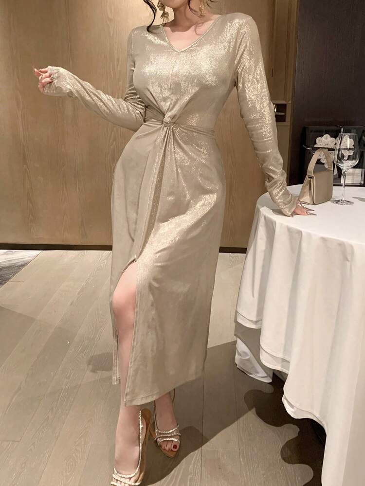 Solid Color Sequin Slit V-Neck Mid-Length Party Dress For Women Elegant,Formal Women Dresses,Fall Dress Long Sleeve Dress Maxi Dress