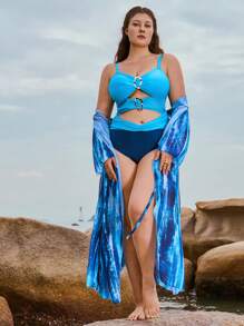 Swim Oasis Conjunto de 2 piezas para mujer talla grande - Traje de baño de una sola pieza con recorte calado de 3 capas, decoración metálica y contraste de color azul, con bata holgada de manga larga para cubrir, cómodo y de alta gama para el verano