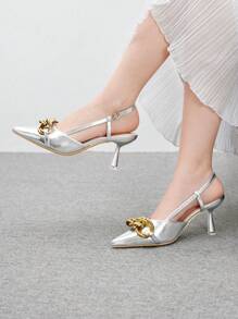 CUCCOO BIZCHIC Women's Metallic Gold Chain Decor Pointed Toe Stiletto High Heels, Elegant Party/Banquet Shoes, Silver PU Leather, Suitable For Nightclub, Party, Commuting, Blogger Style, Music Festival, Workplace - Silver - View 4