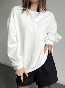 DAZY 女式宽松落肩纯色长袖休闲运动衫，秋季 - 白色 - 查看 5