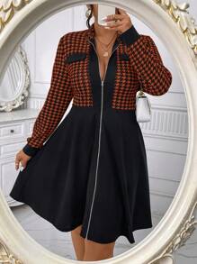 SHEIN Clasi 大码女式千鸟格拼接长袖拉链领优雅连衣裙，适合秋季