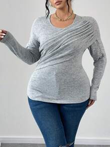 SHEIN Unity Crew Neck Pleated Solid Color Elastic Fitted Elegant T-Shirt