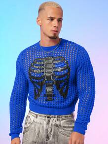 FeverCity Men's Skeleton Print See-Through Crew Neck Sweater, For Fall Winter - Multicolor - View 2