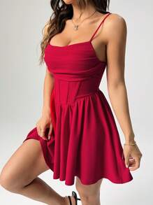 SHEIN PETITE 节日气氛新款纯色褶皱扇形 A 字下摆连衣裙 - 紅色 - 查看 5