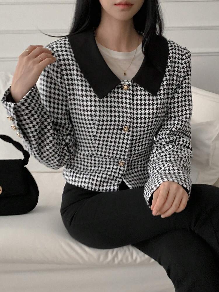 Women's Casual Houndstooth Colorblock Lapel Long Sleeve Blazer Jacket, Autumn,Fall Women Clothes Plaid Business Attire