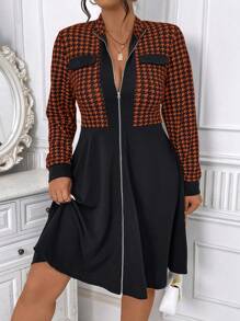 SHEIN Clasi 大码女式千鸟格拼接长袖拉链领优雅连衣裙，适合秋季