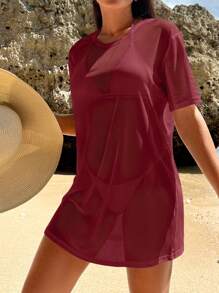 Swim Vcay 1pc Women's Solid Color Pullover Short Sleeve Casual Holiday Beach Cover-Up Summer