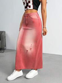 SHEIN EZwear Women Simple Front Button Pocket Denim Mini Skirt, Casual And Everyday Wear - Burgundy - View 4