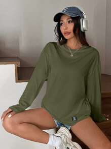 SHEIN EZwear 夏季纯色蝴蝶结装饰短款修身 T 恤 - 軍綠色 - 查看 4