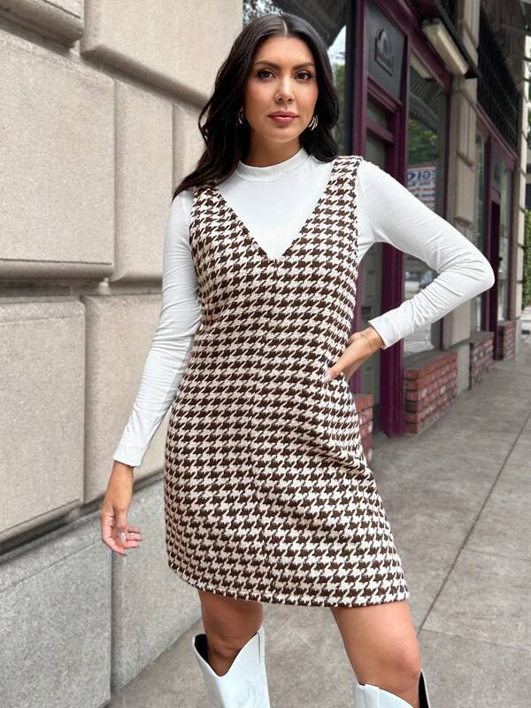 SHEIN LUNE Vestido de slip con estampado de pata de gallo marrón, estilo casual urbano para mujer, otoño