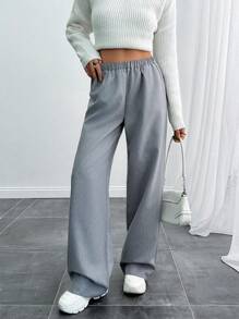 EURMUSE 女款纯色开衩细缝长裤 - 灰色 - 查看 3