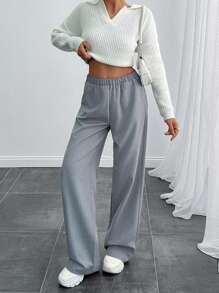 EURMUSE 女款纯色开衩细缝长裤 - 灰色 - 查看 7