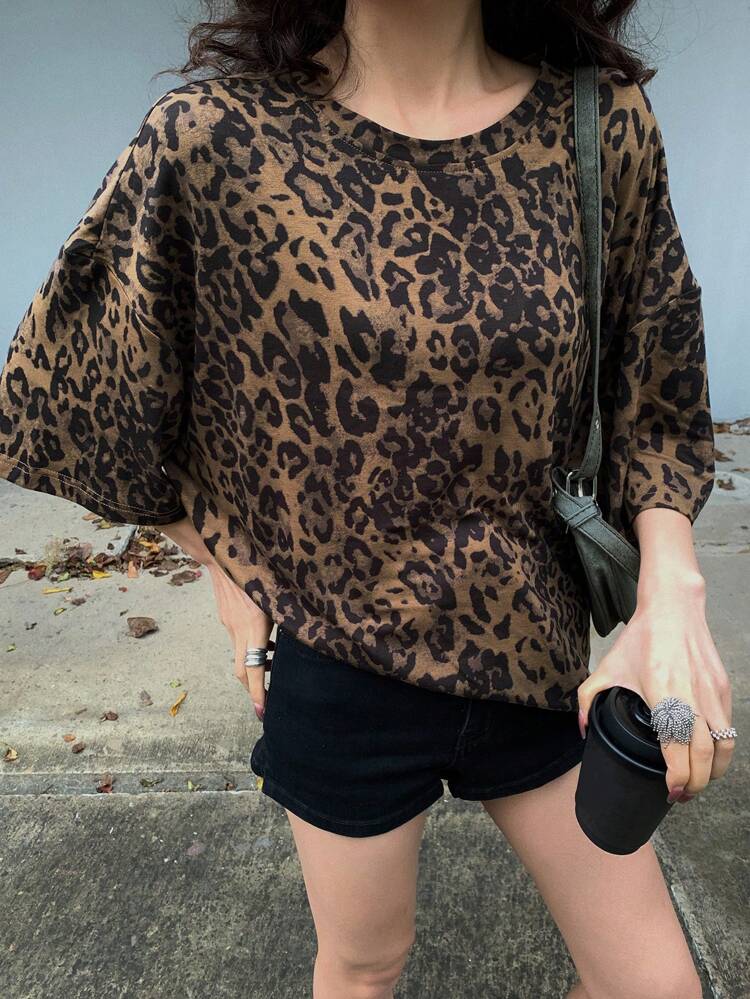 Women Casual Leopard Print Loose Fit Drop Shoulder T-Shirt Y2k Oversized T-Shirt