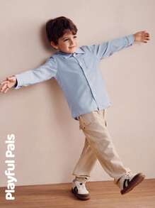 SHEIN 2 piezas Conjuntos básicos casuales para niños: Parte superior clásica azul y pantalones cargo caqui. Camisa de manga larga y traje de pantalones largos. Lindo/Retro/Casual para la escuela y actividades al aire libre, atuendos de primavera - Multicolor - Ver 5