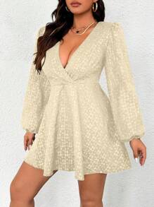 SHEIN Unity Plus Size Elegant Solid Color Jacquard Lantern Sleeve Cinched Waist Mini Dress For Autumn Fall Cloth For Women - Apricot - View 5