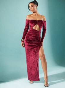 Hauture Vestido rojo de terciopelo con escote descubierto en los hombros y corte en la parte delantera para fiestas navideñas - Rojo - Ver 1