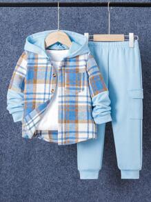 SHEIN 2 件套年轻男孩休闲格子拼布连帽夹克和运动裤套装，适合秋冬季 - 藍色 - 查看 1