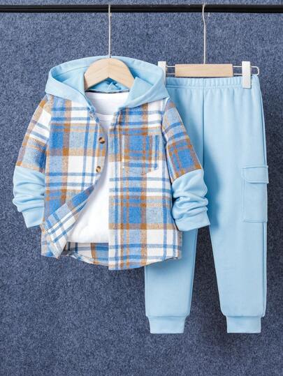 2 件套年轻男孩休闲格子拼布连帽夹克和运动裤套装，适合秋冬季