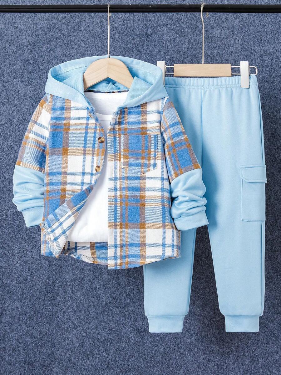 SHEIN 2 件套年轻男孩休闲格子拼布连帽夹克和运动裤套装，适合秋冬季 - 藍色 - 查看 1