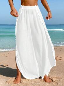 Swim Vcay Summer Outfits For Women Women Beach Vacation Solid Color Side Slit Coverup Top And Pants Set Summer