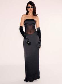 MUSERA 丝绒网纱拼接抹胸连衣裙，性感可爱，适合春夏派对、外出和度假穿着。 - 黑色 - 查看 4