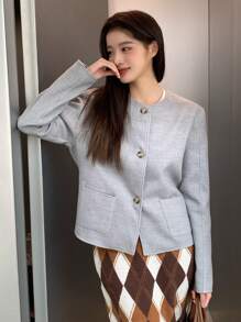 INAWLY Women's Casual Round Neck Long Sleeve Single-Breasted Coat, Autumn/Winter Fall Cloth For Women - Grey - View 7