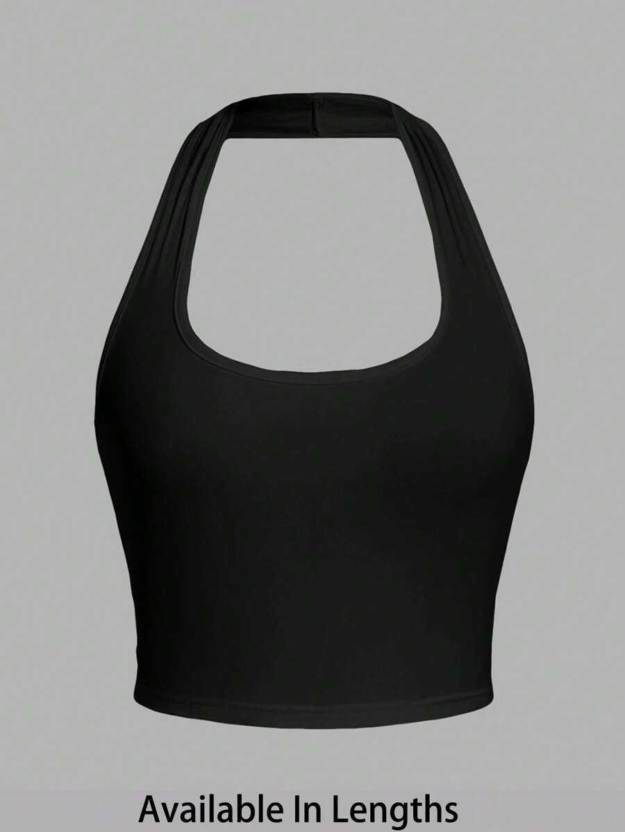 SHEIN Tall CURVE Casual Minimalist Solid Color Cropped Halter Neck Fitted Tank Top For Plus Size Women, Suitable For Summer - Black - View 1