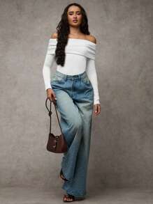 SHEIN BAE 仿羊绒优雅露肩长袖修身保暖紧身衣，适合日常穿着的休闲装、秋季女装、冬季女上衣 - 白色 - 查看 5