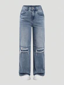 SHEIN Explorewe Girls' Button Front Pocket Minimalist Casual Jeans, Street Style - Medium Wash - View 1