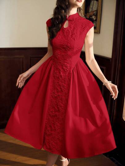 Vintamour 复古优雅女士旗袍领迷你红色连衣裙，中国花卉提花纹理面料，盖袖，褶皱拼接 A 字休闲伞裙正式礼服圣诞节情人节情人节情人节情人节连衣裙，女士夏季连衣裙，茶会礼服