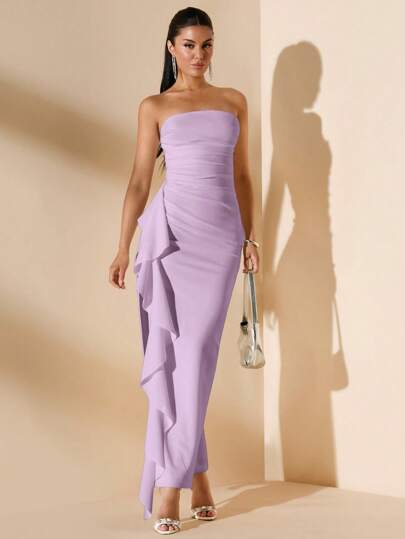 SHEIN BAE Summer Bridesmaid Dress, Sleeveless Strapless Sexy Pleated High Slit Ruffle Long Wrap Dress,Pastel Dresses For Women,Lavender Dress,Valentine's Day,Valentine Outfits For Women