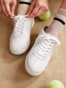 CUCCOO EASI 女士纯色露跟时尚系带坡跟厚底休闲鞋女鞋运动鞋 - 白色 - 查看 3